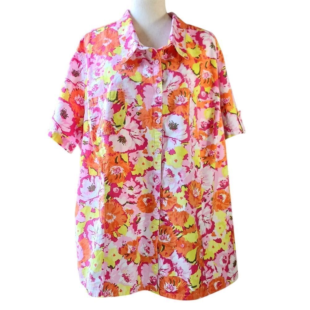 Floral Button Down Shirt Short Sleeve Hawaiian Print Plus Size 4X